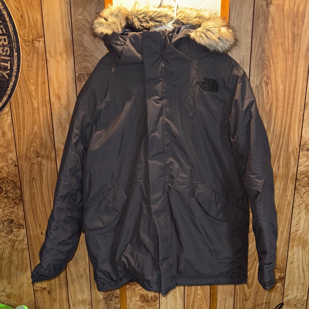The North Face Men's Gray Puffer Jacket with Fur Trim